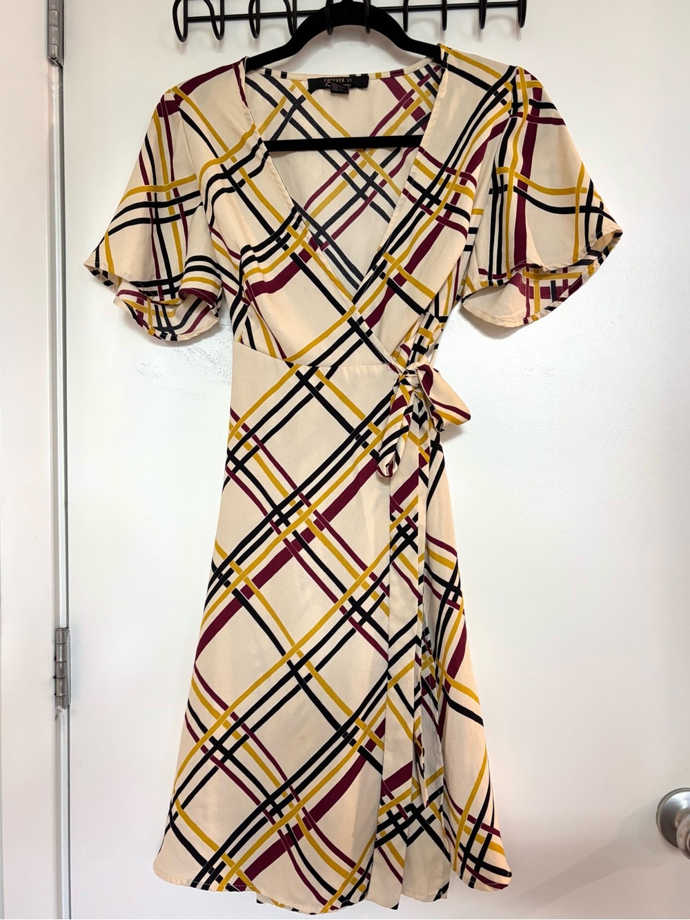 Forever 21 Cream Plaid Midi Wrap Dress with Mustard & Burgundy Stripes